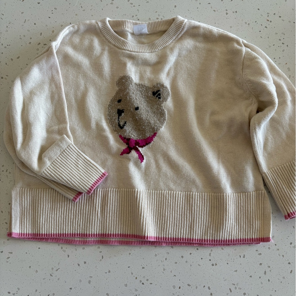 GAP Toddler Girl Cream Knit Sweater with Pink Trim and Bear Patch, Lightweight